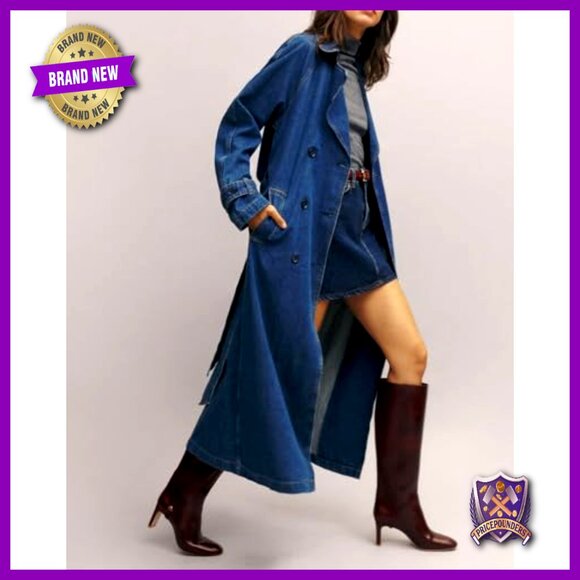 Denim Trench Coat Double Breasted Midi Overcoat Classic Lapel Long Jacket With - Picture 6 of 7